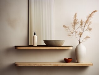 Fototapeta na wymiar bathroom shelf with vase and mirror on the wall, in the style of photobashing, wood, digital minimalism