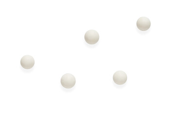 Five round spherical white pills isolated on transparent background. Png. Medical, pharmacy and healthcare concept.