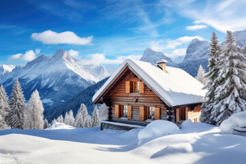 Winter mountain landscape with a house