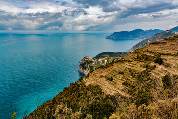 Obraz premium Panoramic view of the town of Corniglia one of the famous Cinque Terre Liguria Italy