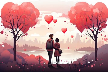 Valentine's Day, February 14. illustrations of love, couple, heart, valentine, king, queen, hands, flowers. Drawings for postcard, card, congratulations and poster. AI generated - obrazy, fototapety, plakaty