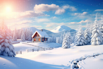 Winter mountain landscape with a house