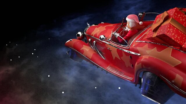 Santa in a car above the space, gift boxes, isolated background, 3d render
