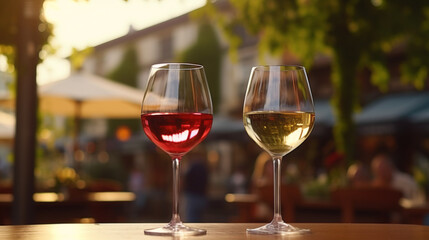 Glasses of red and white wine on a table in a blurred bar or a restaurant on patio