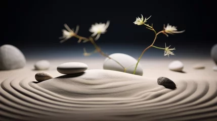 Fotobehang Stacked zen stones sand background art of balance concept © Natalia Klenova