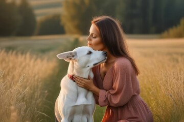 A woman kisses the dog in the field in summer day. Friendship, care, happiness, Cute with doggy pet portrait at nature in the morning