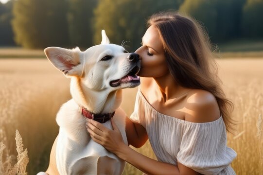 A woman kisses the dog in the field in summer day. Friendship, care, happiness, Cute with doggy pet portrait at nature in the morning