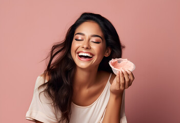 Happy latin beauty woman applying makeup powder