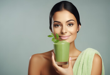 Horizontal shot of dark haired Latin woman healty drinks 
