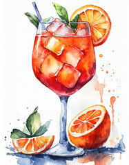 Watercolor painting cocktail aperol spritz, isolated on white background