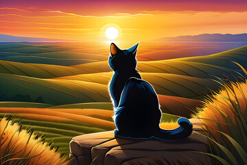 A cat watching the sunset over the horizon on a vast land. Generative AI