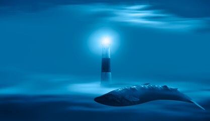 Beautiful whale underwater in the wild with lighthouse - Underwater world and life, concept
