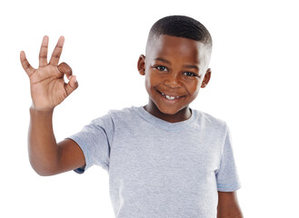 Portrait, feedback and boy with perfect sign, kid and agreement isolated on transparent background. Face, person and model with happiness, hand gesture and emoji with review, png and symbol with like