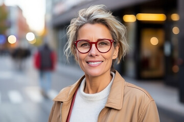 Portrait of beautiful middle aged woman with short blond hair wearing black leather jacket and eyeglasses standing in the city street - Powered by Adobe