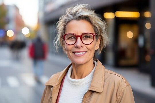 Fototapeta Portrait of beautiful middle aged woman with short blond hair wearing black leather jacket and eyeglasses standing in the city street