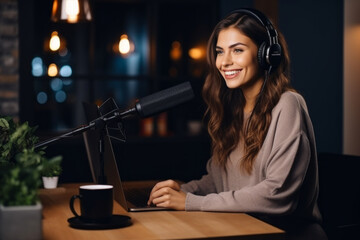 Beautiful girl in headphones singing into a microphone and using a laptop at home - obrazy, fototapety, plakaty
