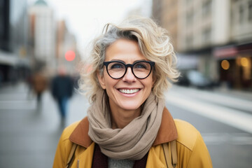 Fototapeta premium Portrait of happy senior woman in eyeglasses walking in city