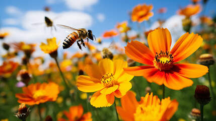 A bee flies over colorful orange flowers - Powered by Adobe