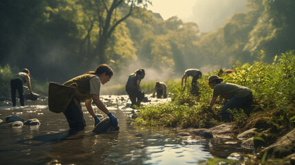 A group of people picking up garbage