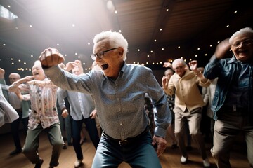Dancing into the golden years: Seniors showcase their vitality and camaraderie in a candid capture, celebrating an active lifestyle that defines the true spirit and joy of aging gracefully - obrazy, fototapety, plakaty