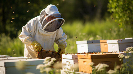 A professional beekeeper looking at some honey combs