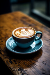 Turquoise coffee cup with latte art on dark rustic wooden table,  Image for mood board, poster,  aesthetic backdrop banner with copy space