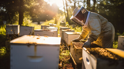 Beekeeper standing amidst beekeeping boxes in a field on a sunny day