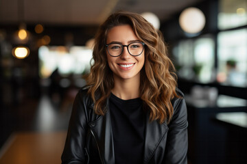 smiling young woman in eyeglasses over city street background