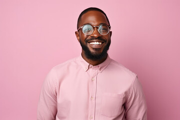 Obraz premium Portrait of a happy young african american man with glasses against pink background