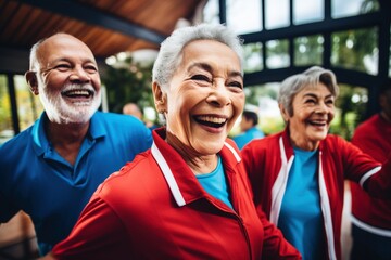 Dancing into the golden years: Seniors showcase their vitality and camaraderie in a candid capture, celebrating an active lifestyle that defines the true spirit and joy of aging gracefully - obrazy, fototapety, plakaty