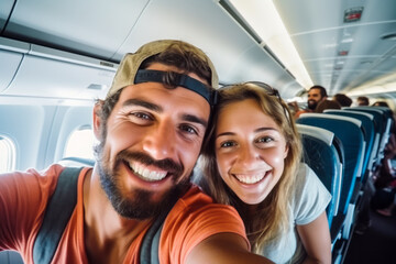 Happy couple taking selfie in airplane cabin. Traveling and tourism concept.