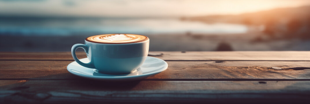Blue coffee cup with latte art on dark rustic wood, seaside sunrice on backdrop. Image for mood board, poster,  aesthetic backdrop banner with copy space