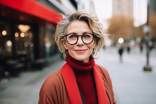 Fototapeta Portrait of beautiful middle aged woman with short blond hair wearing black leather jacket and eyeglasses standing in the city street