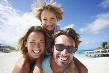 Obraz premium Portrait of happy family having fun on tropical beach, focus on man