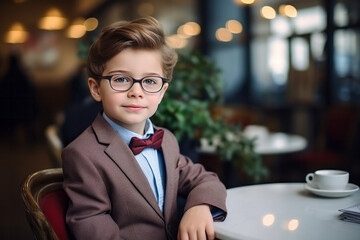 Portrait of cute little boy wearing eyeglasses sitting in cafe