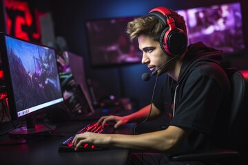 Professional streamer playing online video games at night club, wearing headphones - obrazy, fototapety, plakaty