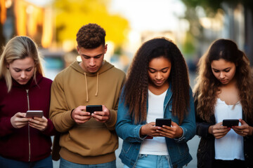 technology, friendship and people concept - group of smiling teenagers with smartphones in forest