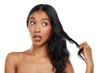 Woman, thinking and haircare or choice, beauty and idea for haircut or trim, cosmetics and decision. Female person, wellness and self care or face, health and isolated on transparent png background