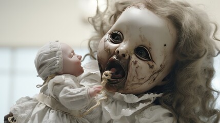 Creepy doll. A terrifying image of an evil creature.
