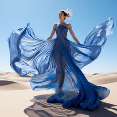 Model in Blue Dress In The Desert - obrazy, fototapety, plakaty