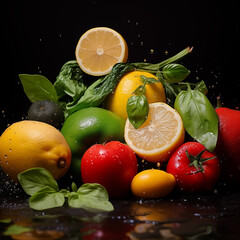 Fresh Fruits And Vegetables On Black Background