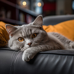 Grey Cat Laying On Couch Art Print - obrazy, fototapety, plakaty