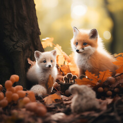 Foxes In Autumn Art Print - obrazy, fototapety, plakaty