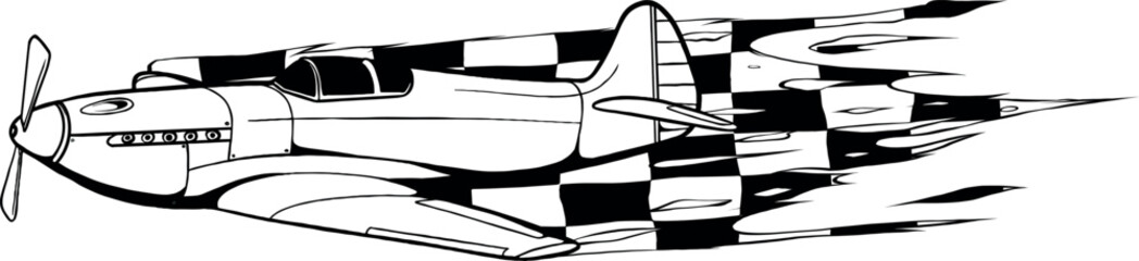 Monochrome vector illustration of old fighter plane Outline