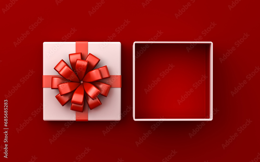 Leinwandbilder Blank white gift box open or top view of white present box tied with red ribbon bow isolated on dark red background with shadow minimal conceptual 3D rendering