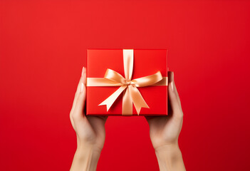 Woman hand holding elegant gift box on red background