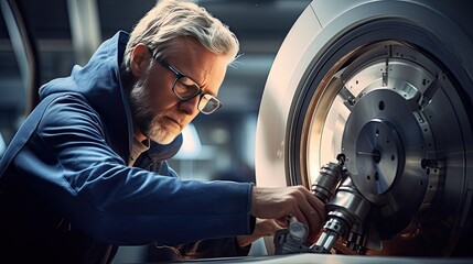 A milling machine operator works in a factory shop. Universal lathe operator at work. Specialist in the enterprise. Illustration for cover, card,  interior design, poster, brochure or presentation.