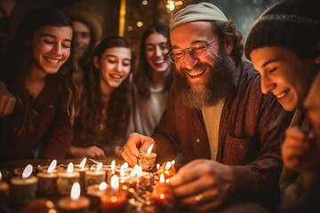 Happy Jews lighting candles on Hanukkah. High quality photo