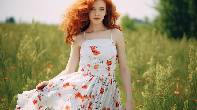 Close-up portrait of a young beautiful woman walking through a meadow with grass and flowers. A girl in a romantic dress enjoying a summer day. Natural female beauty. Beautiful feminine image.