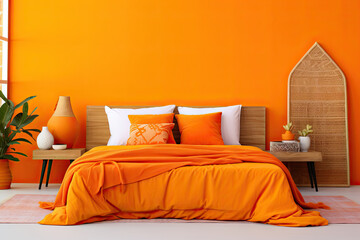 modern minimalist design of bedroom with an orange wall and a white bed. - obrazy, fototapety, plakaty
